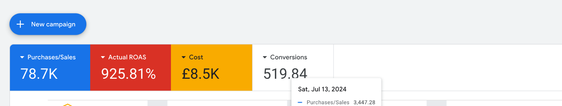 FlySports — Google Ads: Google Ads overview, mid-period snapshot